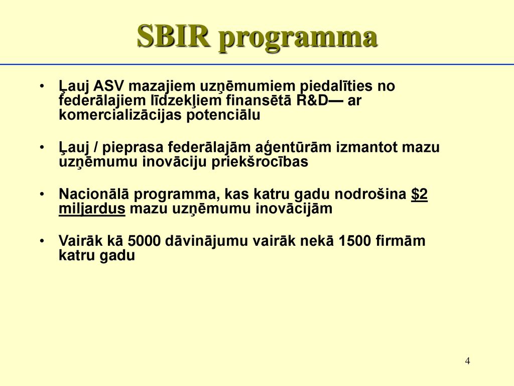 SBIR programma Ļauj ASV mazajiem uzņēmumiem piedalīties no federālajiem līdzekļiem finansētā R&D— ar komercializācijas potenciālu.