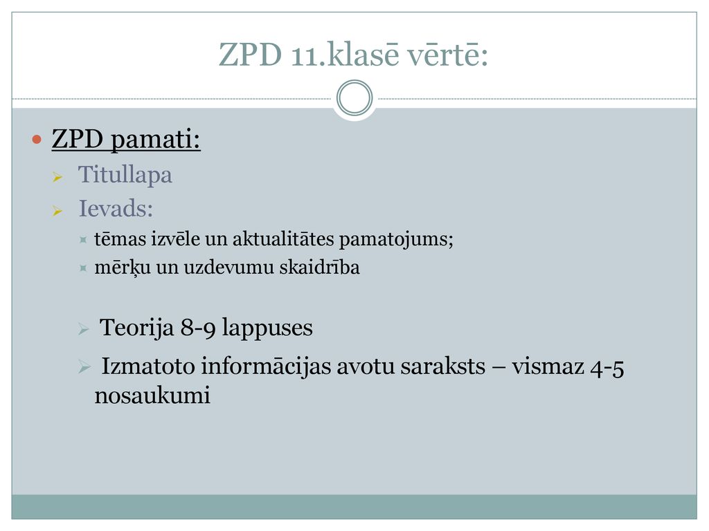 ZPD 11.klasē vērtē: ZPD pamati: Titullapa. Ievads: tēmas izvēle un aktualitātes pamatojums; mērķu un uzdevumu skaidrība.