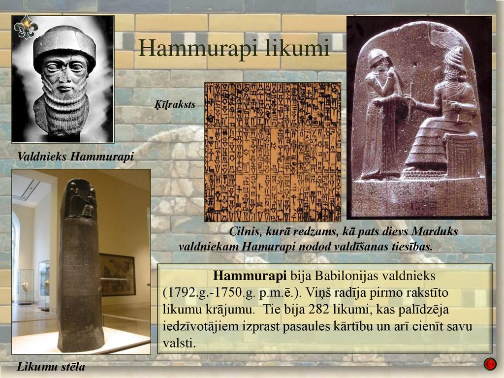 Hammurapi likumi Ķīļraksts. Valdnieks Hammurapi. Cilnis, kurā redzams, kā pats dievs Marduks valdniekam Hamurapi nodod valdīšanas tiesības.