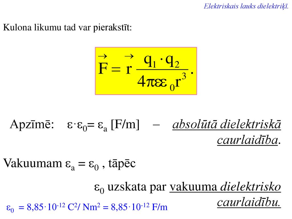Apzīmē: ·0= a [F/m] – absolūtā dielektriskā caurlaidība.