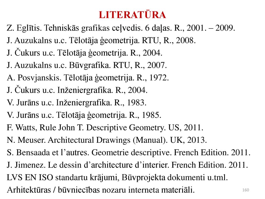 LITERATŪRA Z. Eglītis. Tehniskās grafikas ceļvedis. 6 daļas. R., – J. Auzukalns u.c. Tēlotāja ģeometrija. RTU, R.,